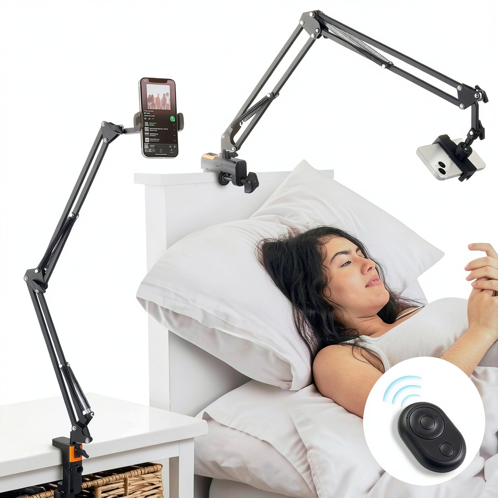 LILANZo phone stand mounted on a wooden desk in a home office