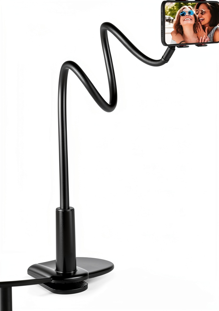 HYDGYC gooseneck phone holder mounted on a wooden nightstand