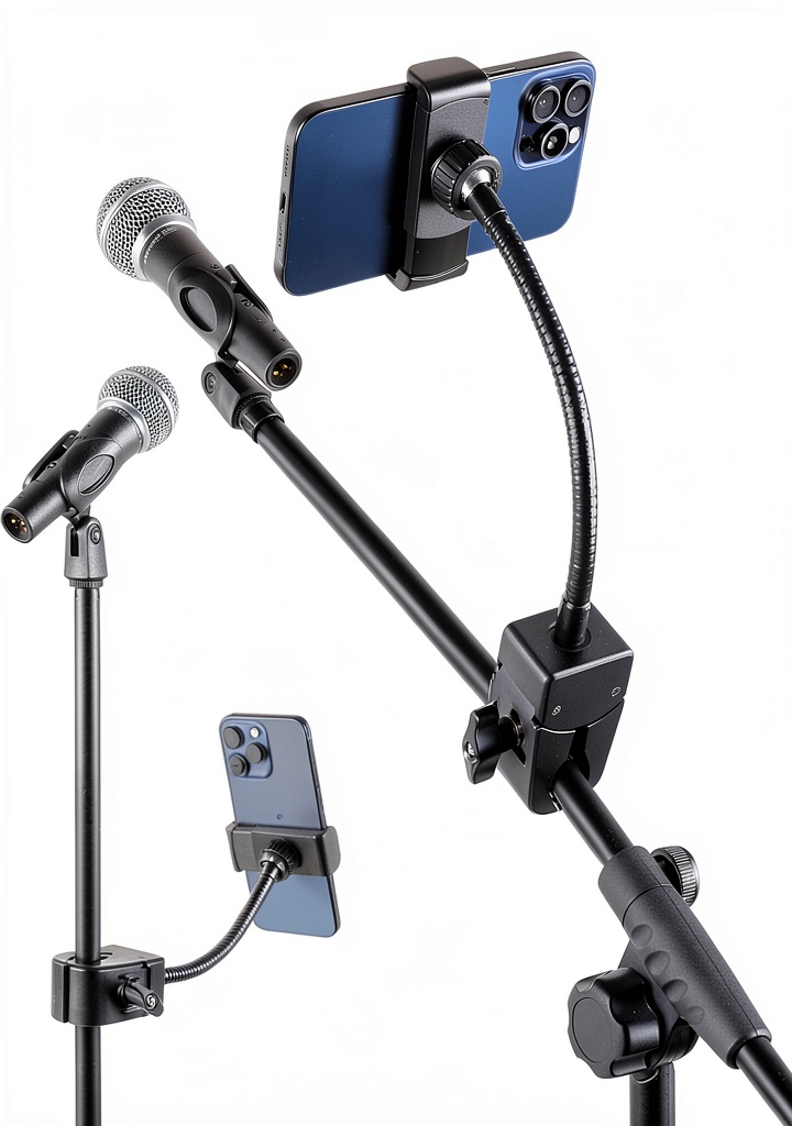 Musician using phone holder on a mic stand during a live performance